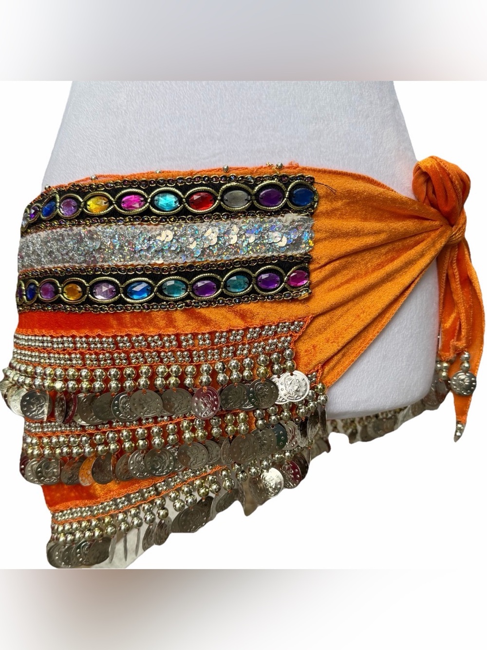 Women O/S Belly Dance Skirt Wrap Silver Coins Dance Costume HipHop Orange Velvet